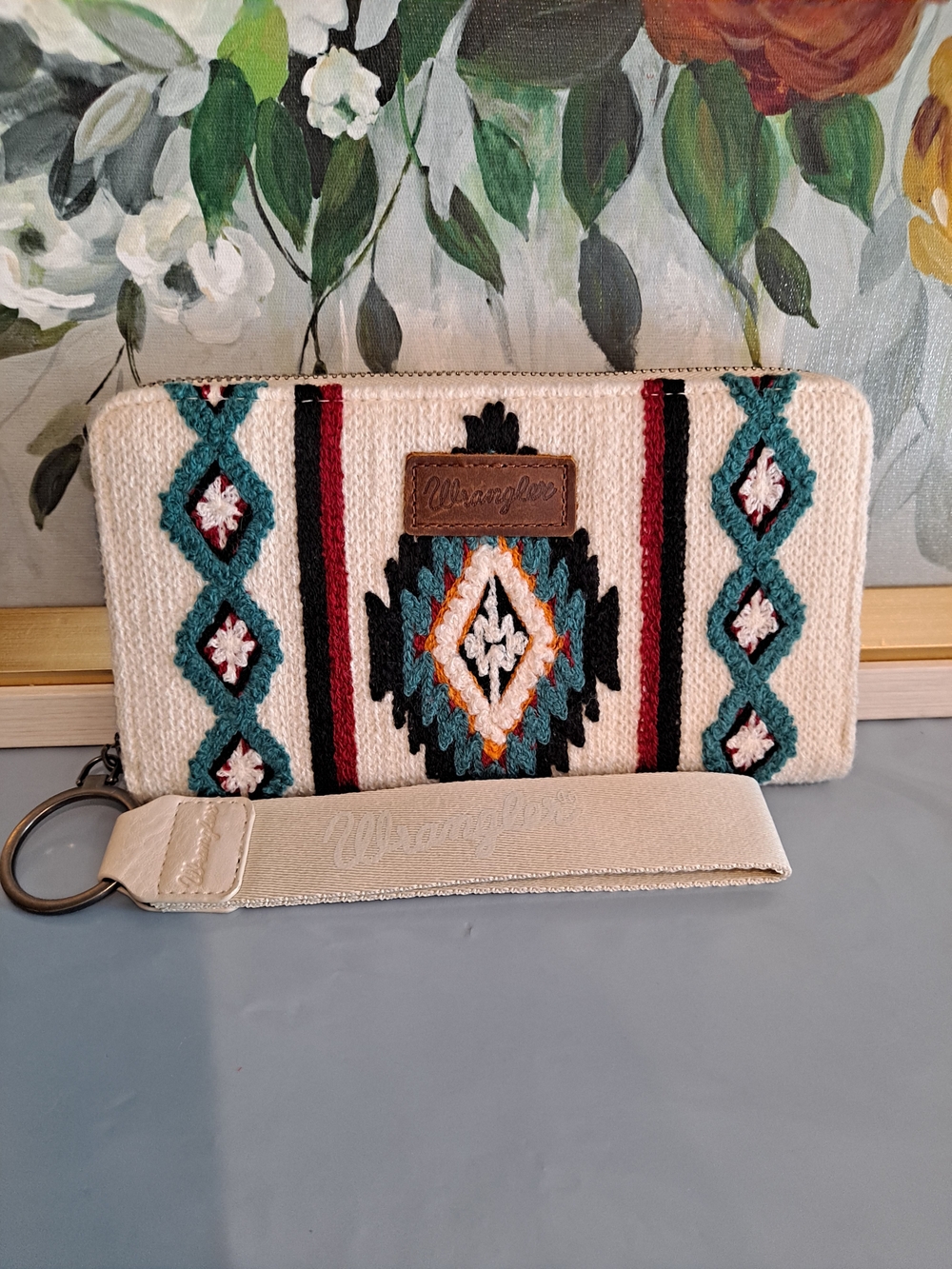 Wrangler Southwestern Knit Zip Around Wallet Wristlet Teal Red Cream Embroidery
